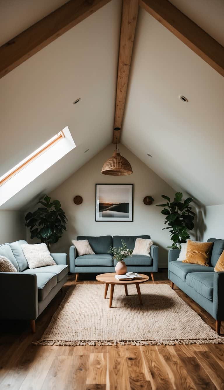 A cozy attic living room with sloped ceilings and wooden flooring