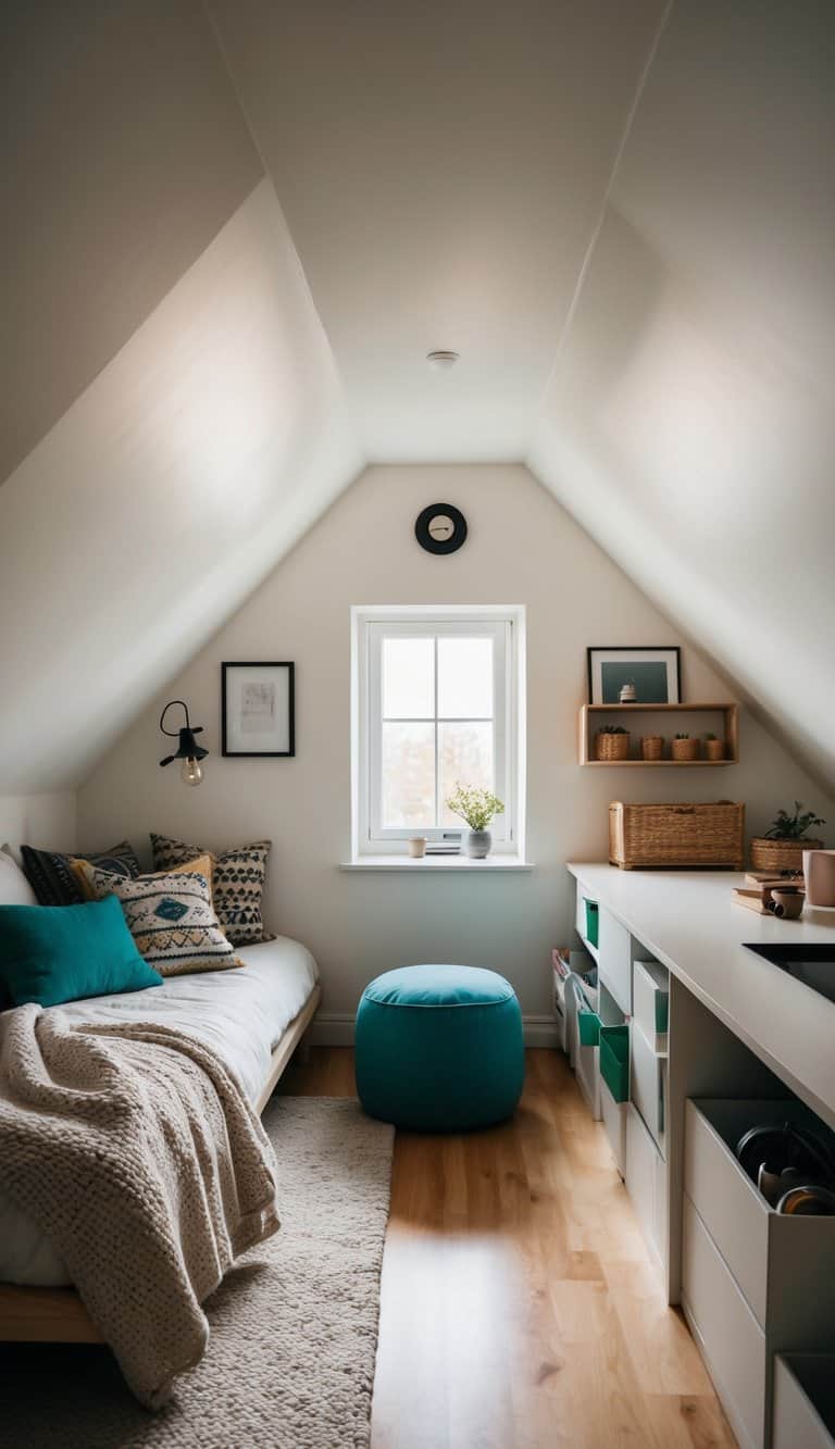 A cozy attic with a low, sloping ceiling. A small window lets in soft light, illuminating a clutter-free space with clever storage solutions and multipurpose furniture