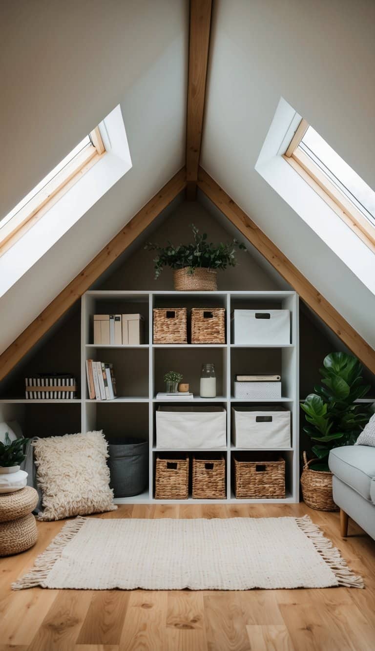 A cozy attic with skylights flooding the space with natural light, showcasing clever storage and functional design ideas