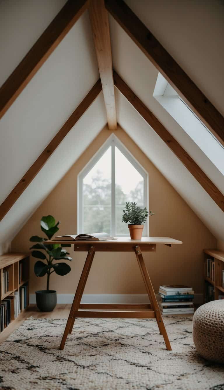 A cozy attic with a foldable desk, surrounded by books and a small potted plant. A slanted roof and a window let in natural light