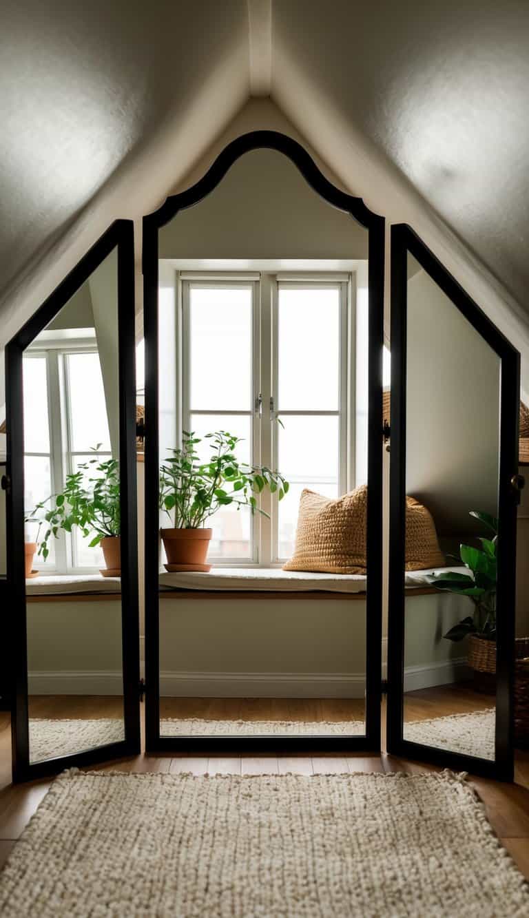 Multiple mirrors reflect the small attic space, creating the illusion of a larger area. A cozy reading nook with a window and potted plants adds warmth to the room