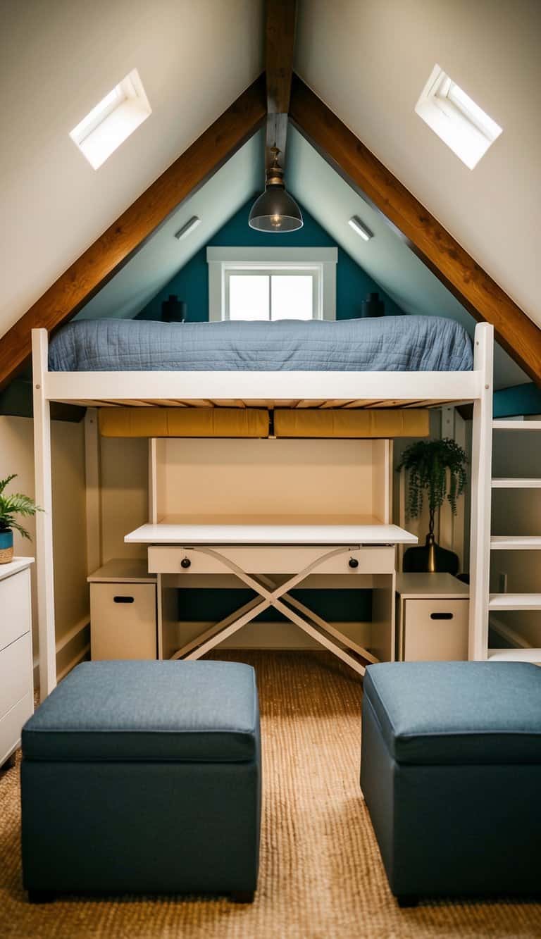 A cozy attic with a loft bed, storage ottomans, and a folding desk. Multi-functional furniture maximizes space in the tiny room