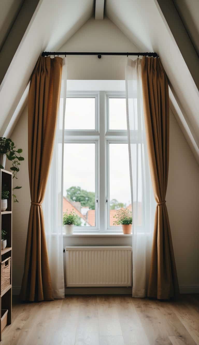 Curtains are hung to divide a small attic space, creating separate areas for different activities