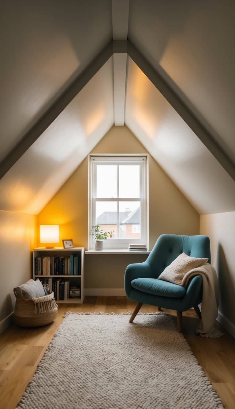 A small attic with a low, slanted ceiling, a comfortable reading chair, soft blankets, a small bookshelf, and warm lighting