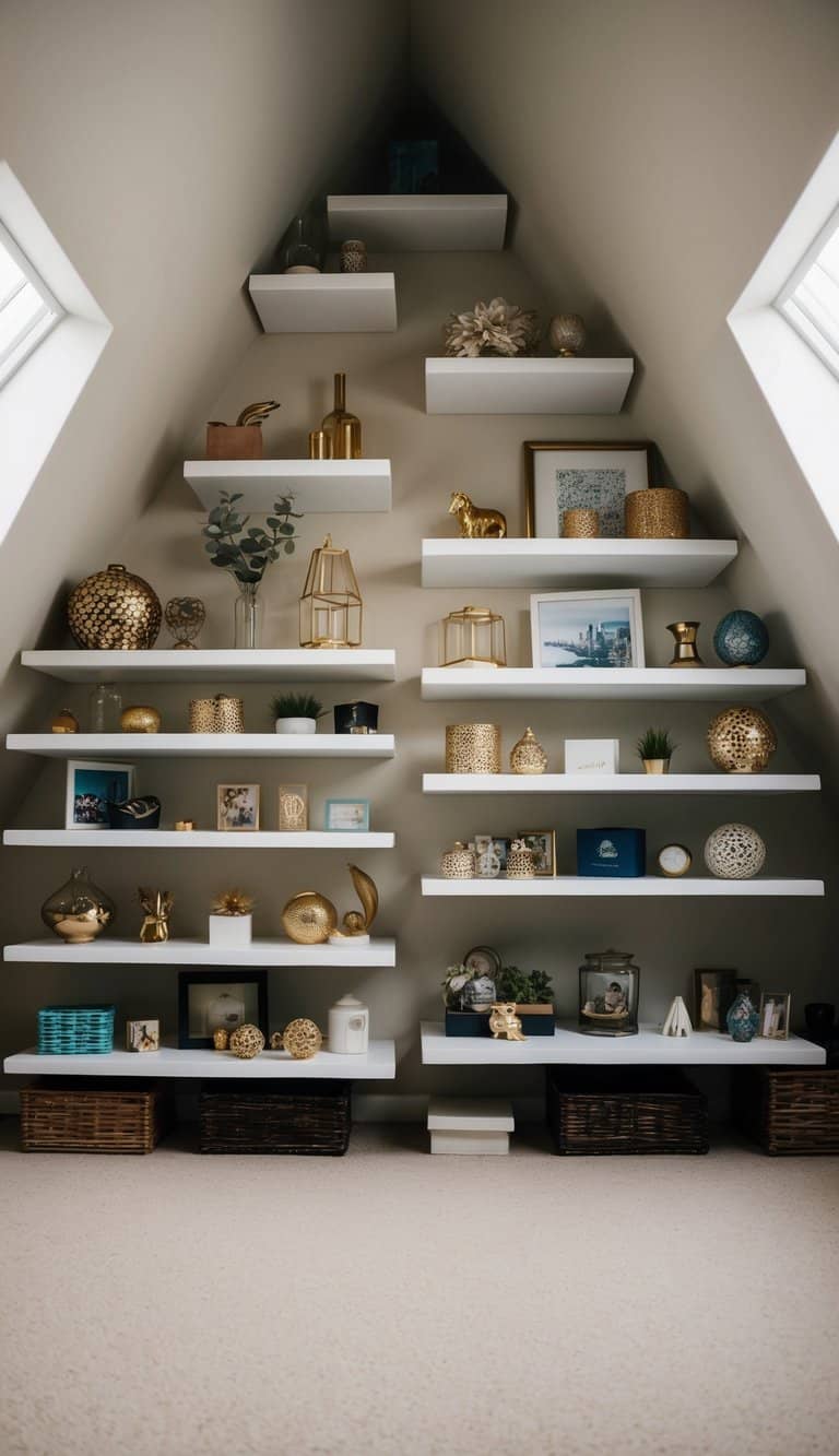 Several floating shelves in a tiny attic, each displaying various decorative items and trinkets. The shelves are neatly organized and maximize the limited space available