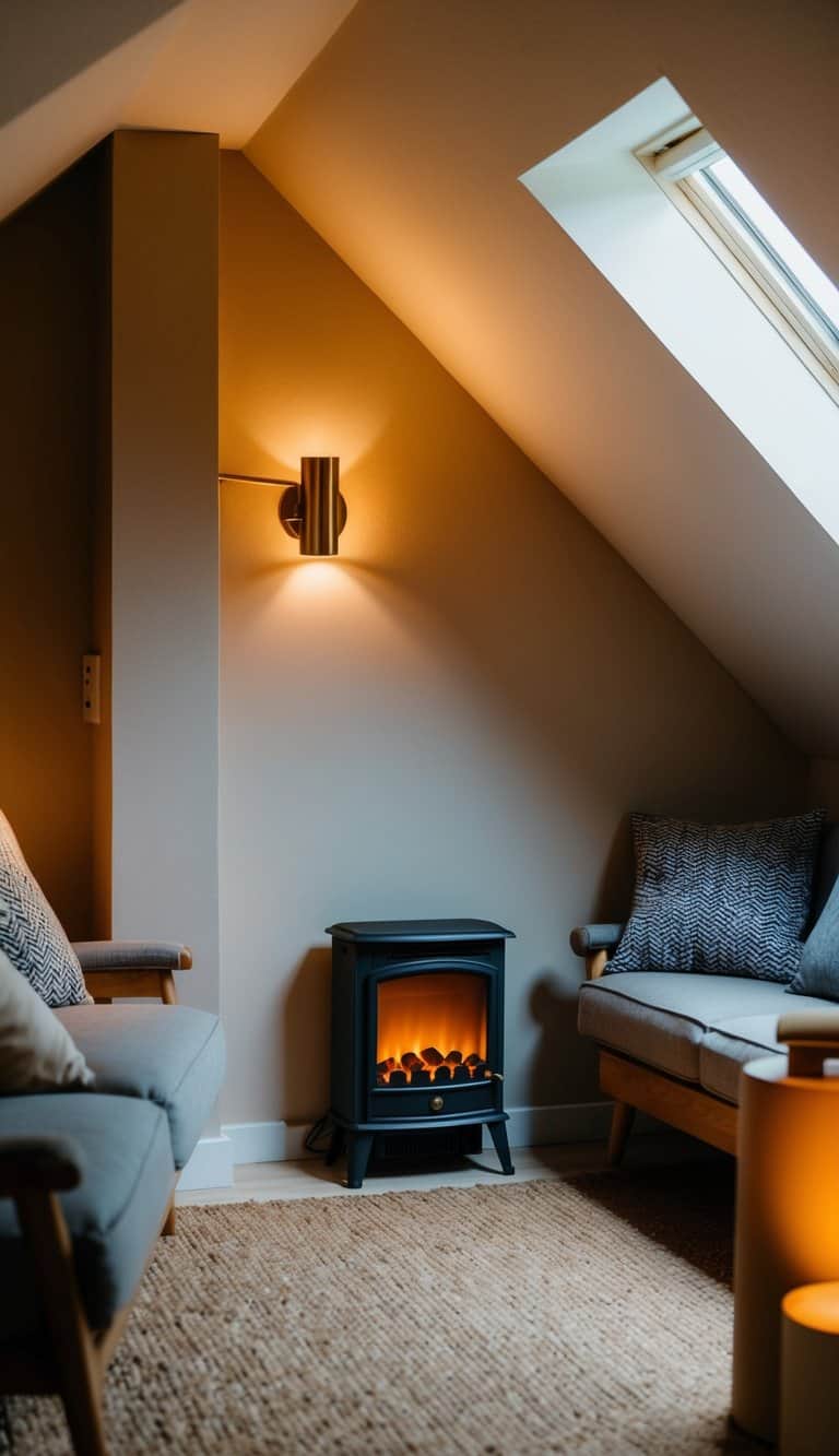 A cozy attic with a small electric fireplace nestled in the corner, surrounded by comfortable seating and warm lighting