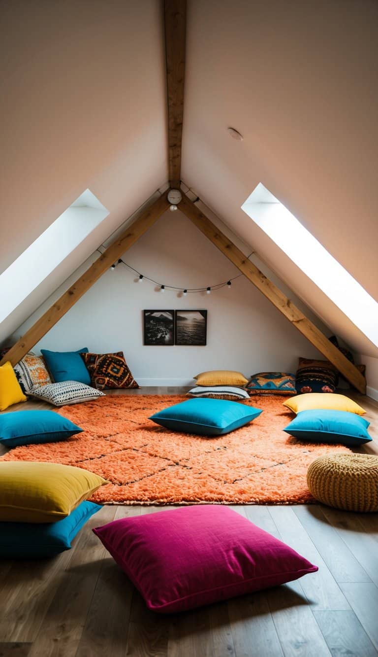 A cozy attic with a bright area rug, scattered with floor cushions and a low table for a comfortable and inviting space