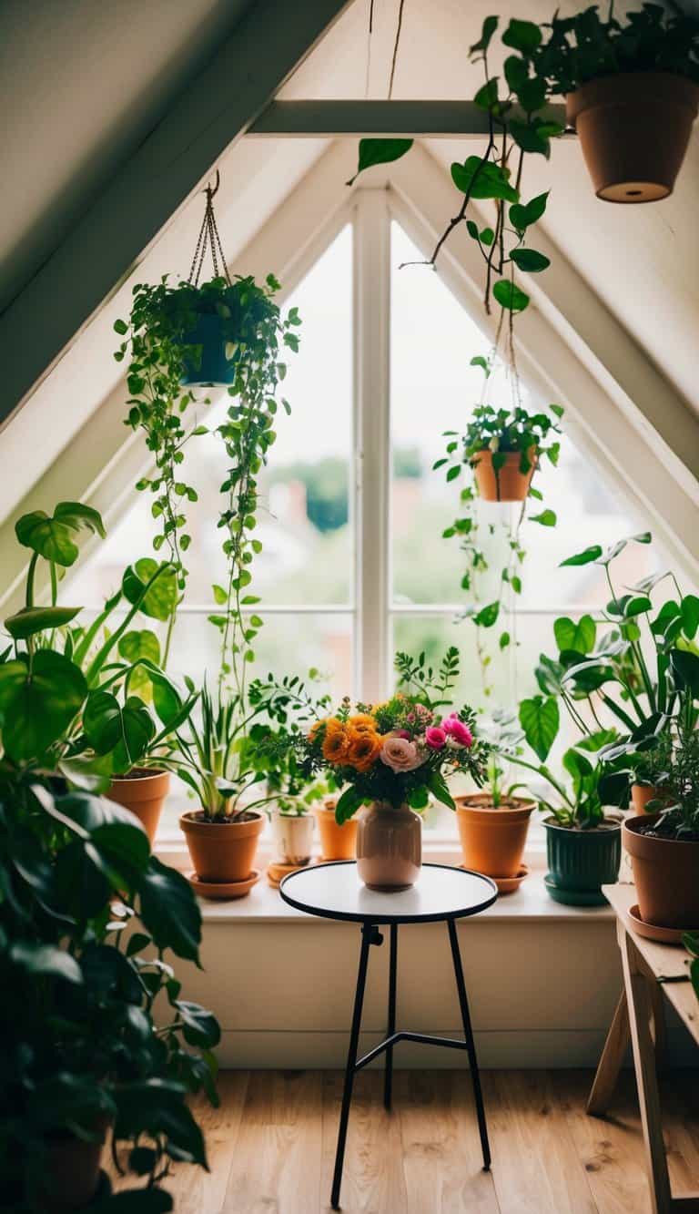 A cozy attic with hanging plants, potted greenery, and a small table with a vase of fresh flowers, creating a vibrant and refreshing atmosphere