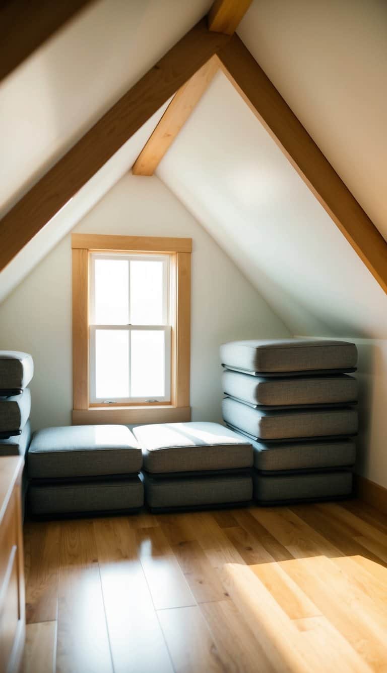 A cozy attic space with compact, stackable seating arranged neatly to maximize the use of space. Sunlight streams in through a small window, illuminating the cozy nook