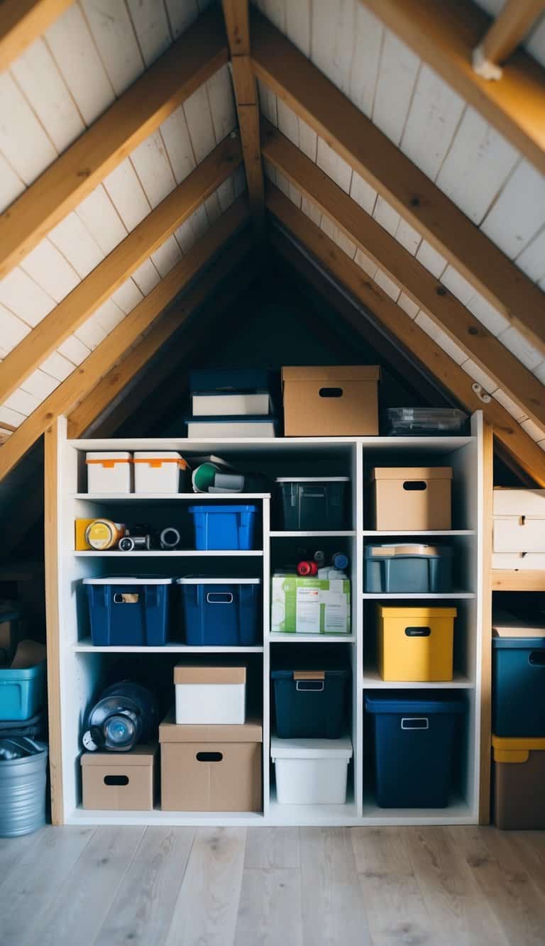 A small attic with under-eaves storage compartments filled with boxes and items neatly organized