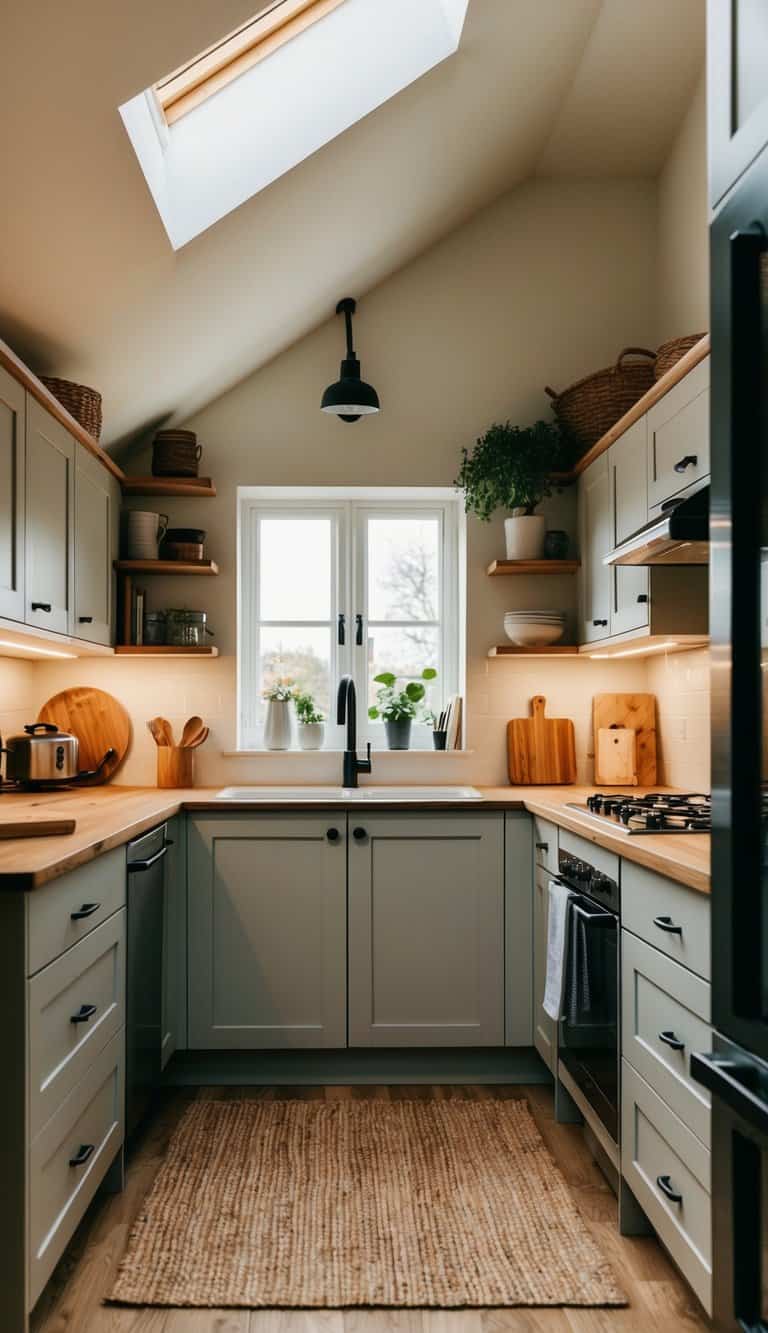 A cozy attic kitchen with clever storage solutions, natural light, and stylish decor