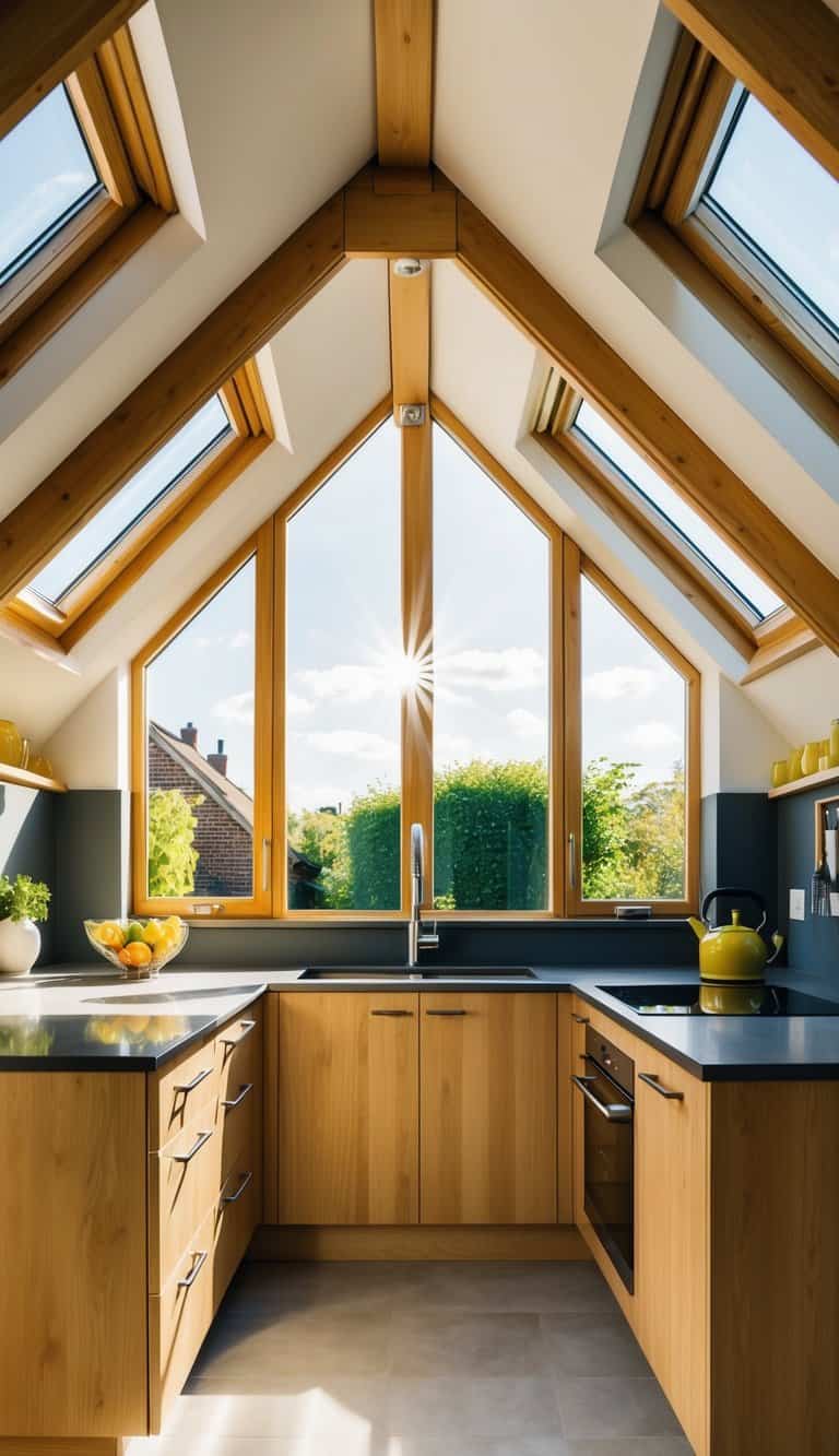 Sunlight streams through attic skylights, illuminating a modern kitchen with clever storage and beautiful design