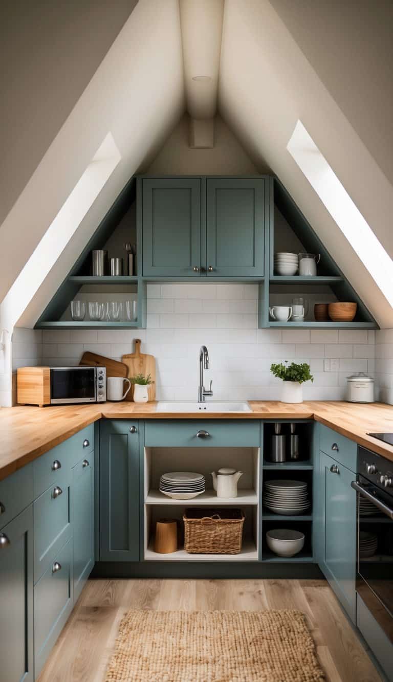 A cozy attic kitchen with clever built-in storage solutions, including hidden cabinets and shelves, maximizing space and functionality