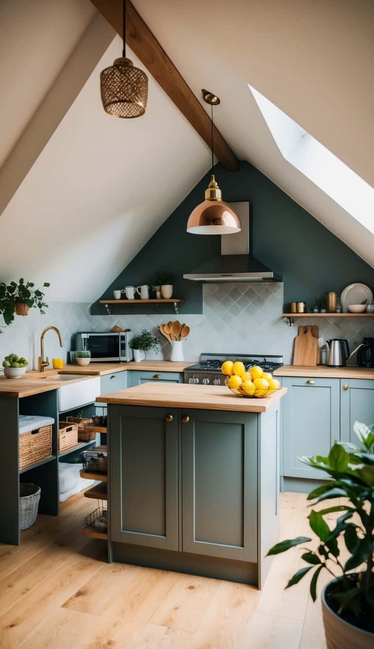 A cozy attic kitchen with a compact breakfast bar, surrounded by clever storage solutions and beautiful decor