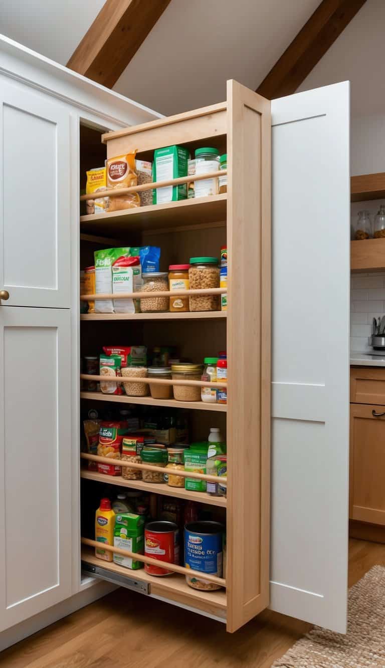 A pull-out pantry installed in a cozy attic kitchen, filled with neatly organized shelves of food and kitchen supplies