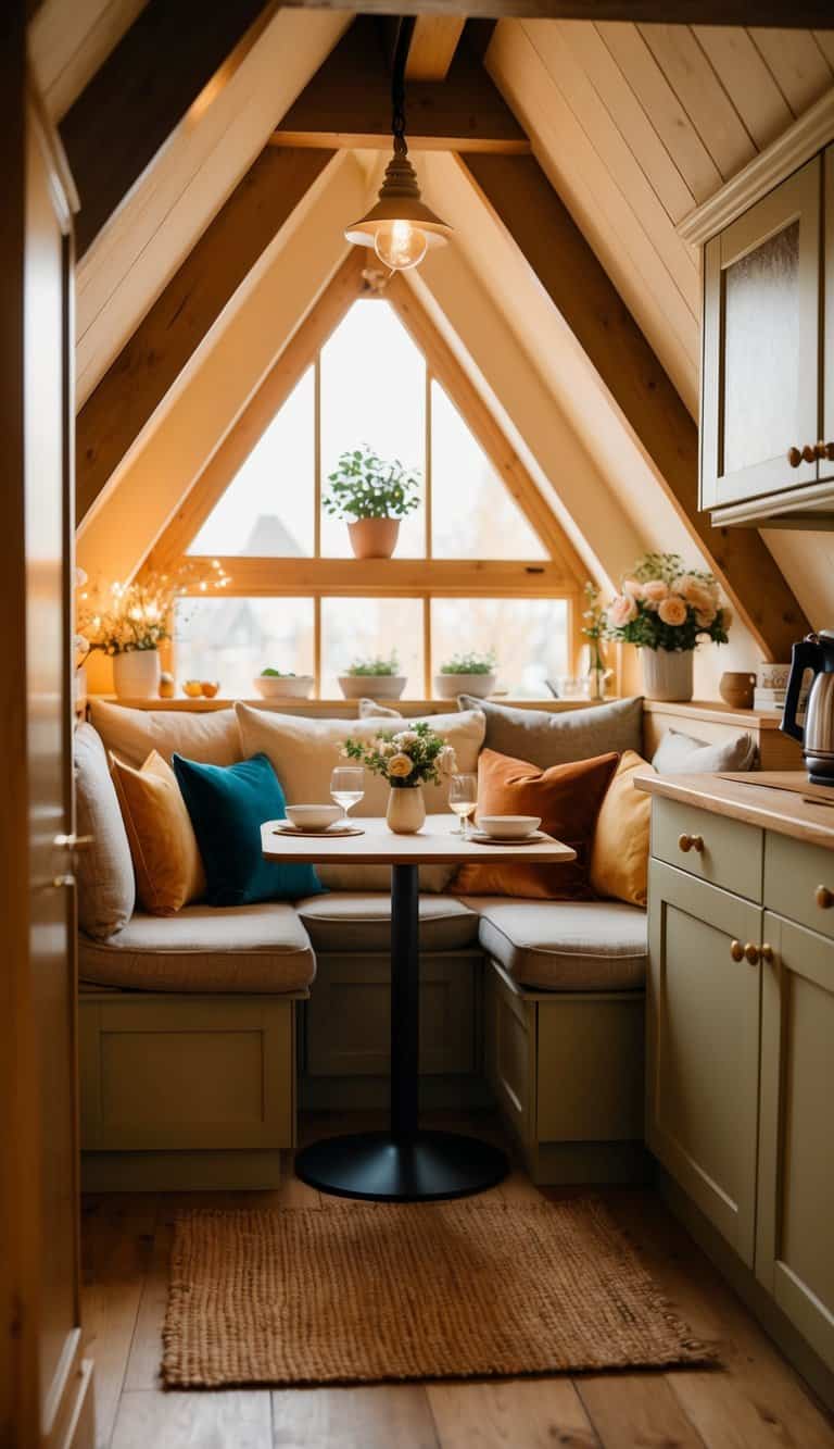 A cozy seating nook in a charming attic kitchen, complete with warm lighting, plush cushions, and a small table for enjoying meals or a cup of tea
