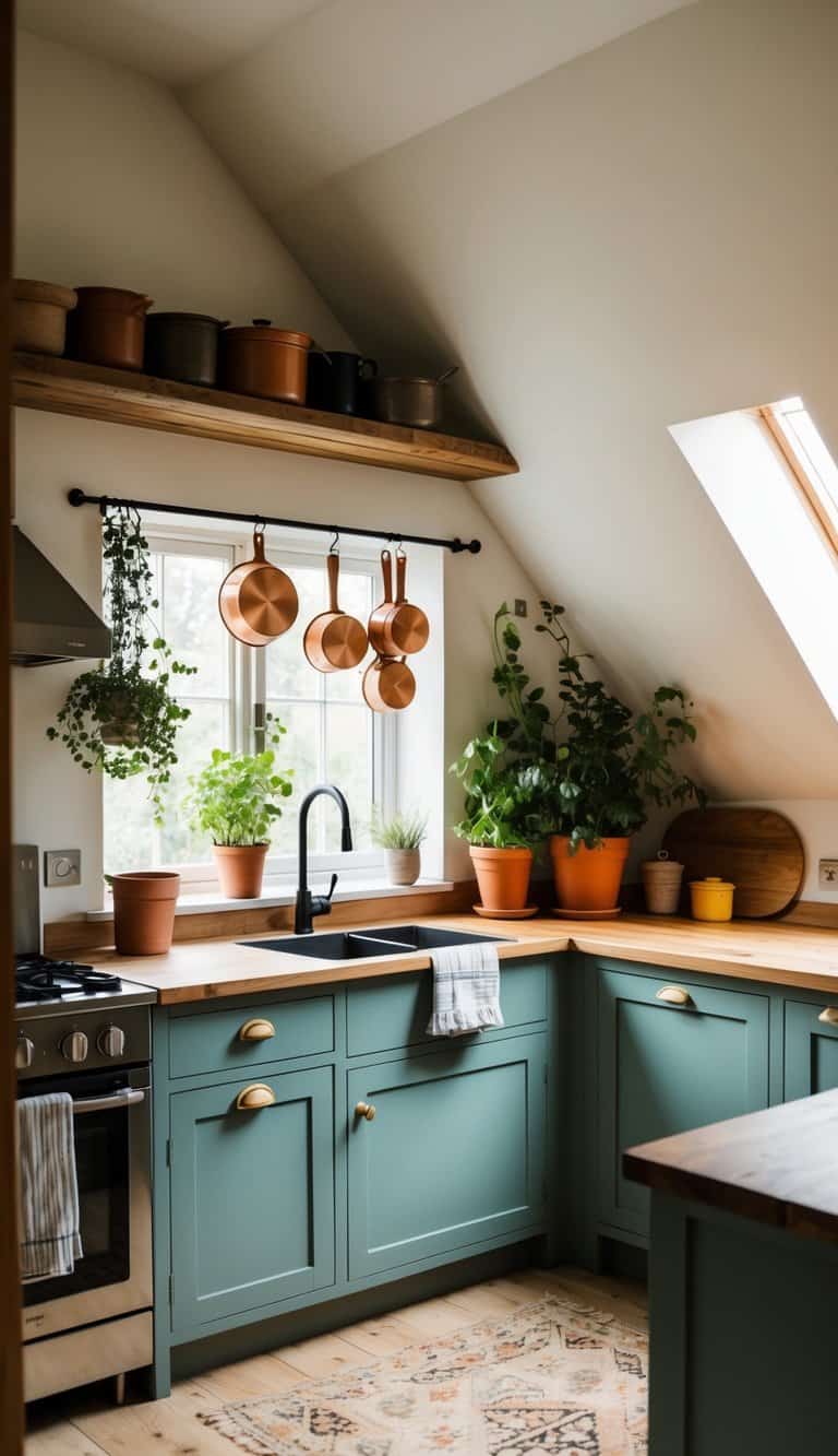 A cozy attic kitchen with hanging pots maximizing vertical space. Rustic charm meets practicality in this beautiful and functional space