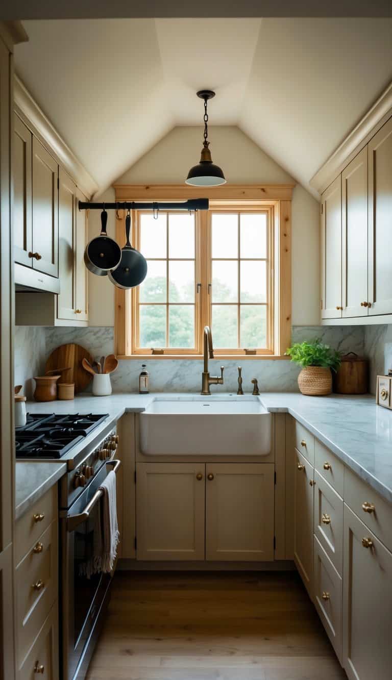 A cozy attic kitchen with light-colored cabinets, marble countertops, and a large window letting in natural light. A hanging pot rack and vintage decor add charm to the space