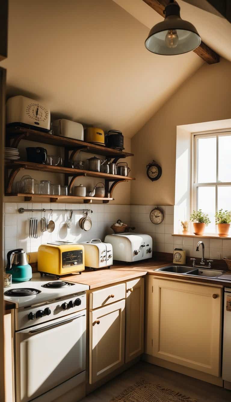 A cozy attic kitchen with vintage accents: old-fashioned appliances, rustic wooden shelves, and charming retro decor. Sunlight streams in through a small window, illuminating the practical yet beautiful space