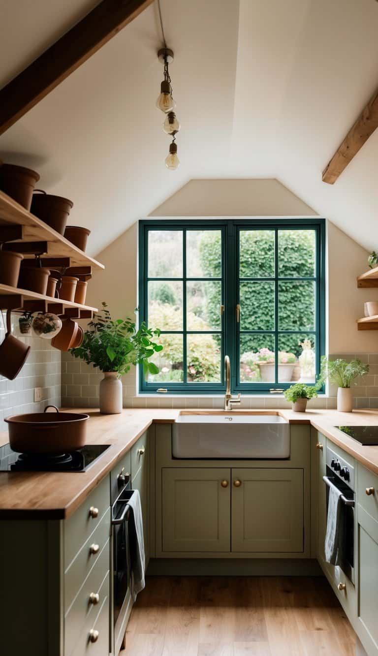 A cozy attic kitchen with hanging pots, wooden shelves, and a large window overlooking a lush garden. A vase of fresh greenery sits on the counter