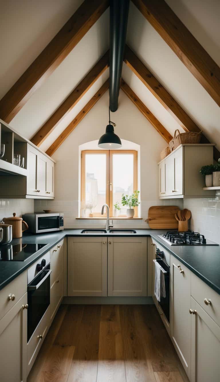 A cozy attic kitchen with a cleverly designed multi-functional furniture, maximizing space and functionality while maintaining a beautiful and practical aesthetic