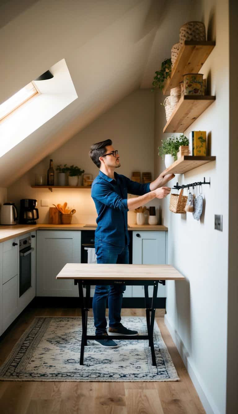 A person installs a wall-mounted folding table in a cozy attic kitchen with clever storage solutions and beautiful decor