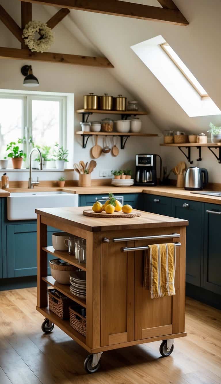 An island on wheels sits in a cozy attic kitchen, surrounded by clever storage solutions and beautiful decor