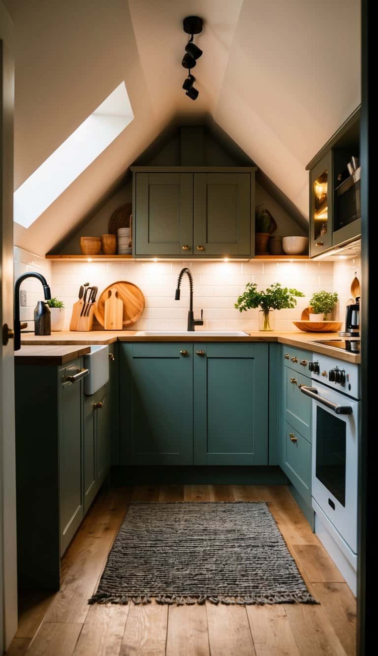 A cozy attic kitchen with under-cabinet lighting illuminating the practical and beautiful space