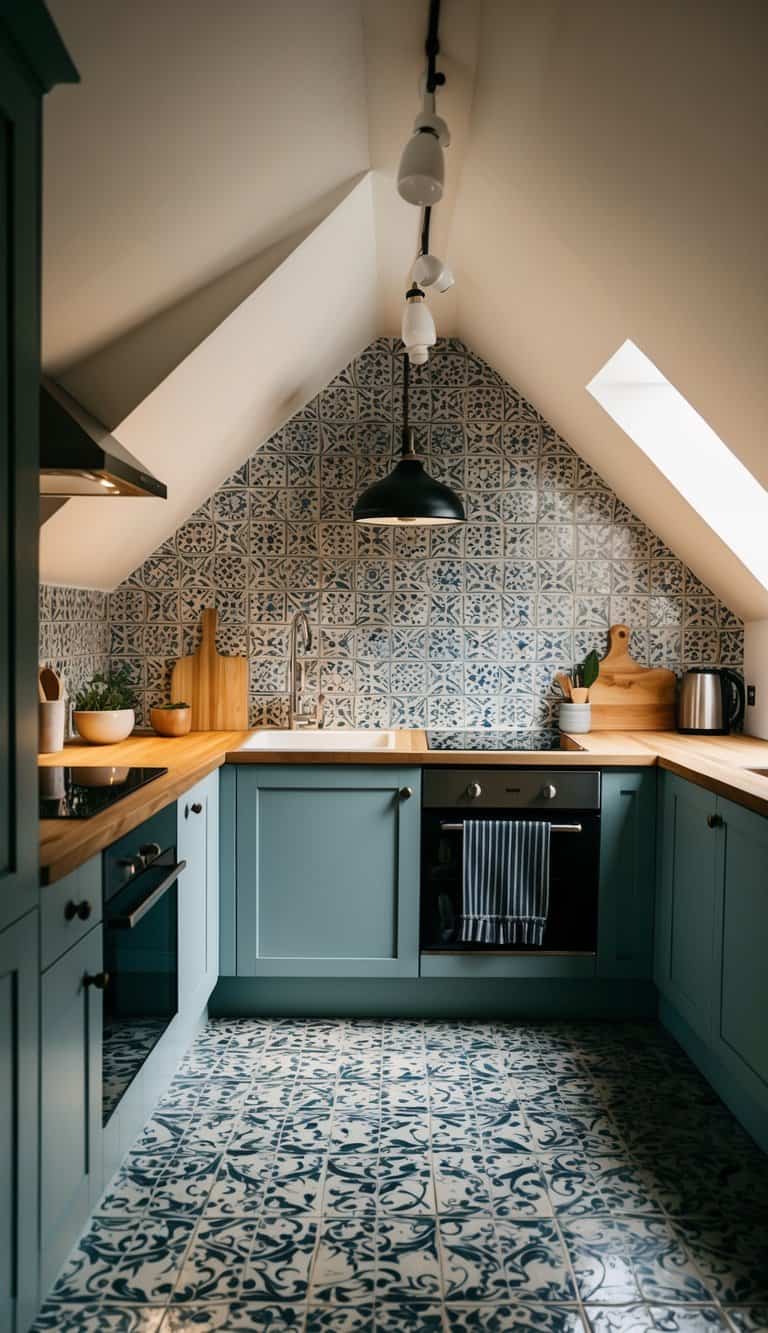 A cozy attic kitchen with a feature wall of patterned tiles, cleverly designed for practicality and beauty
