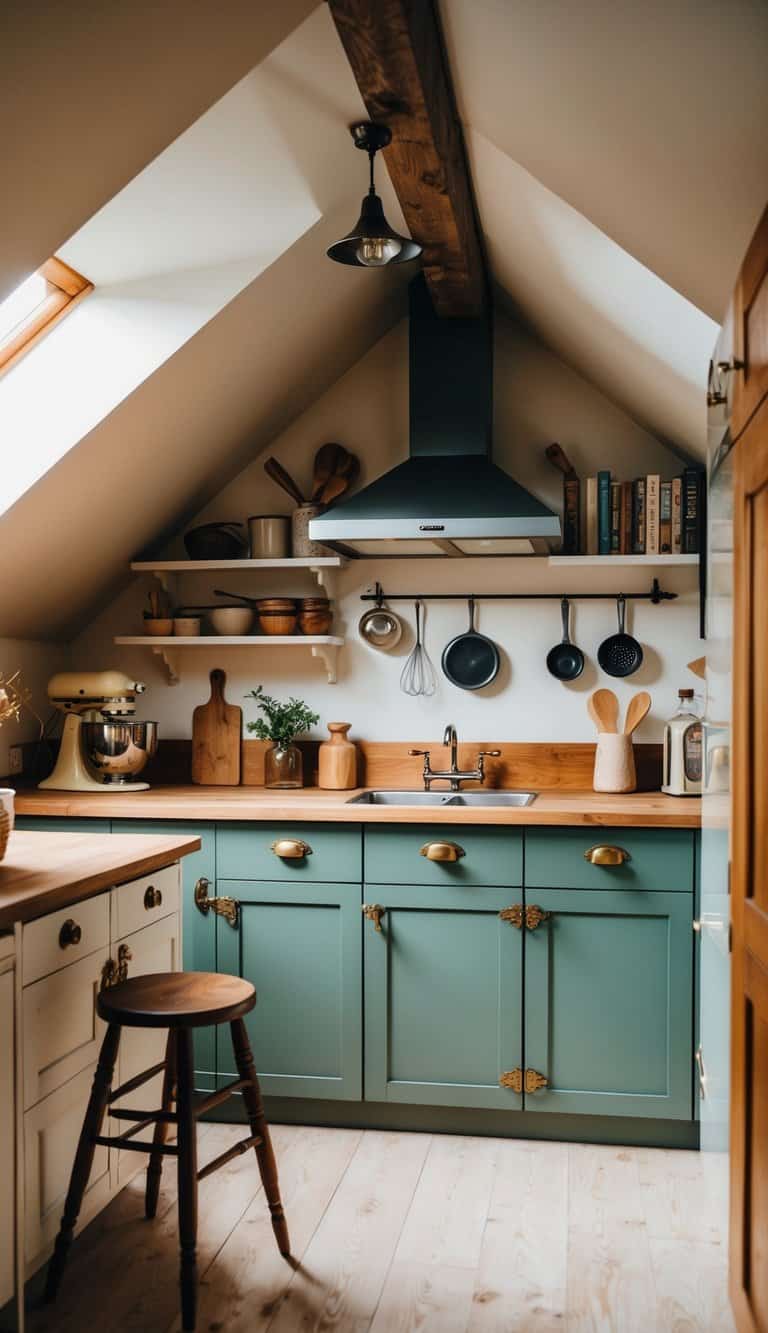 A cozy attic kitchen with vintage hardware, clever storage solutions, and unique decor adding personality to the space