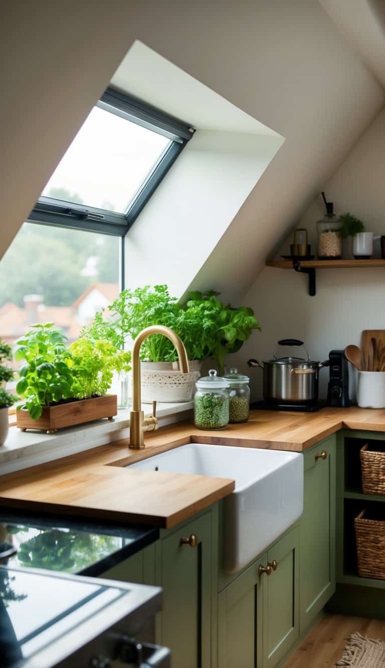 A cozy attic kitchen with a small herb garden on the windowsill, surrounded by clever storage solutions and beautiful decor