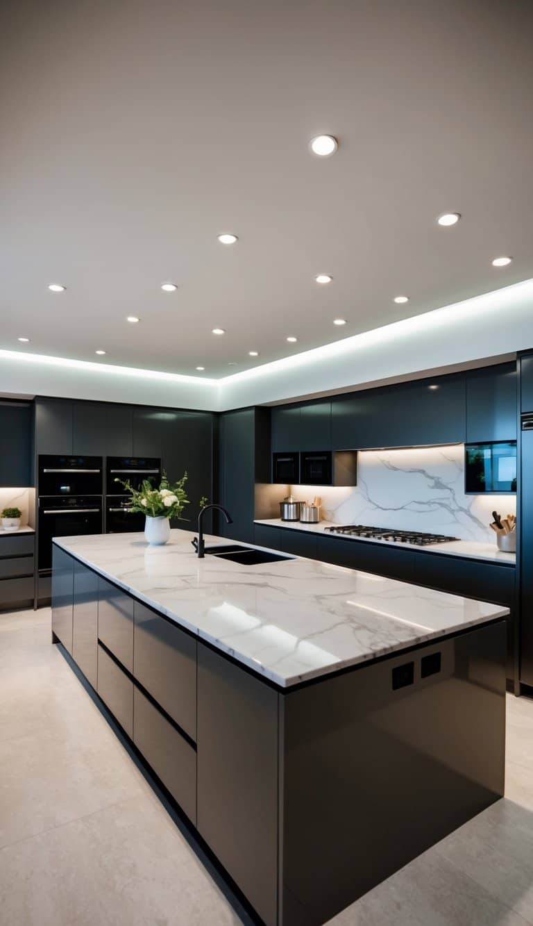 A sleek, spacious kitchen with state-of-the-art appliances, marble countertops, ample storage, and a central island for cooking and entertaining