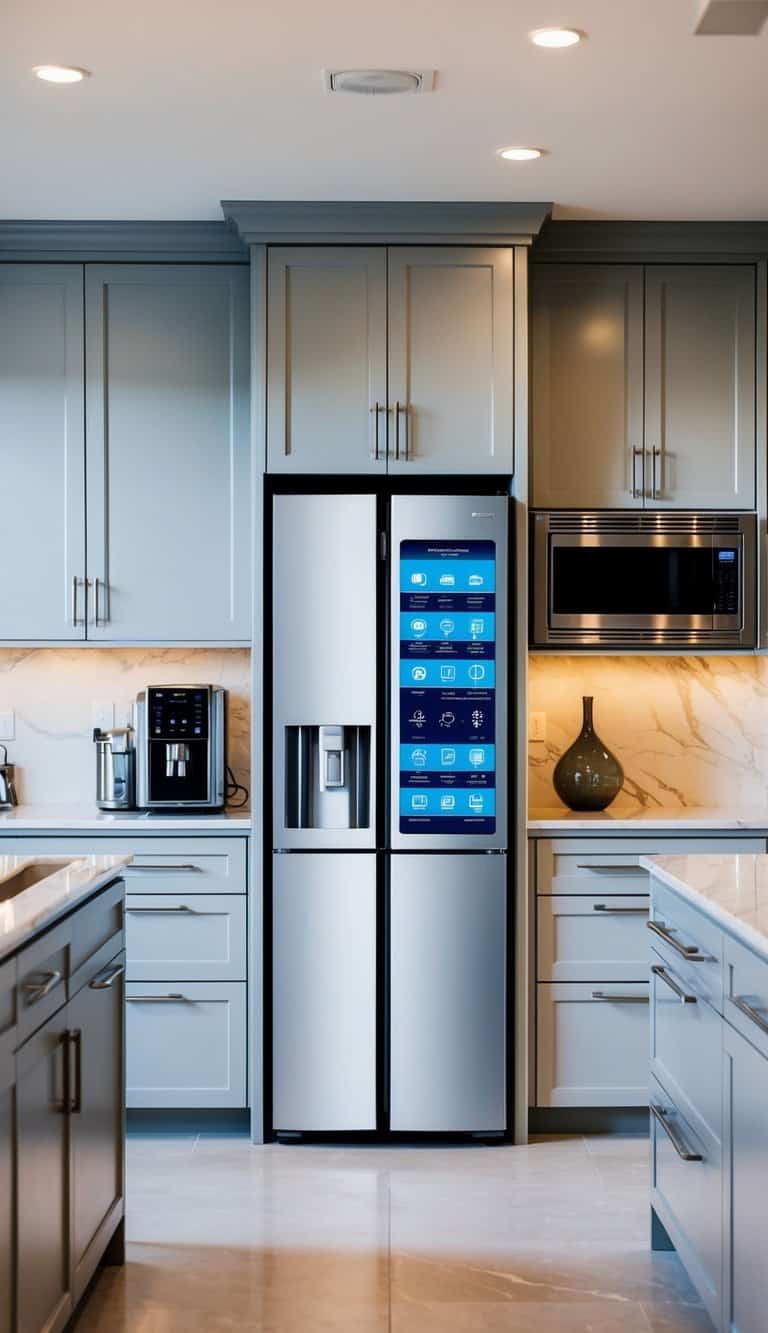A sleek, modern kitchen with a smart refrigerator showcasing 12 must-have features, surrounded by luxurious countertops and state-of-the-art appliances