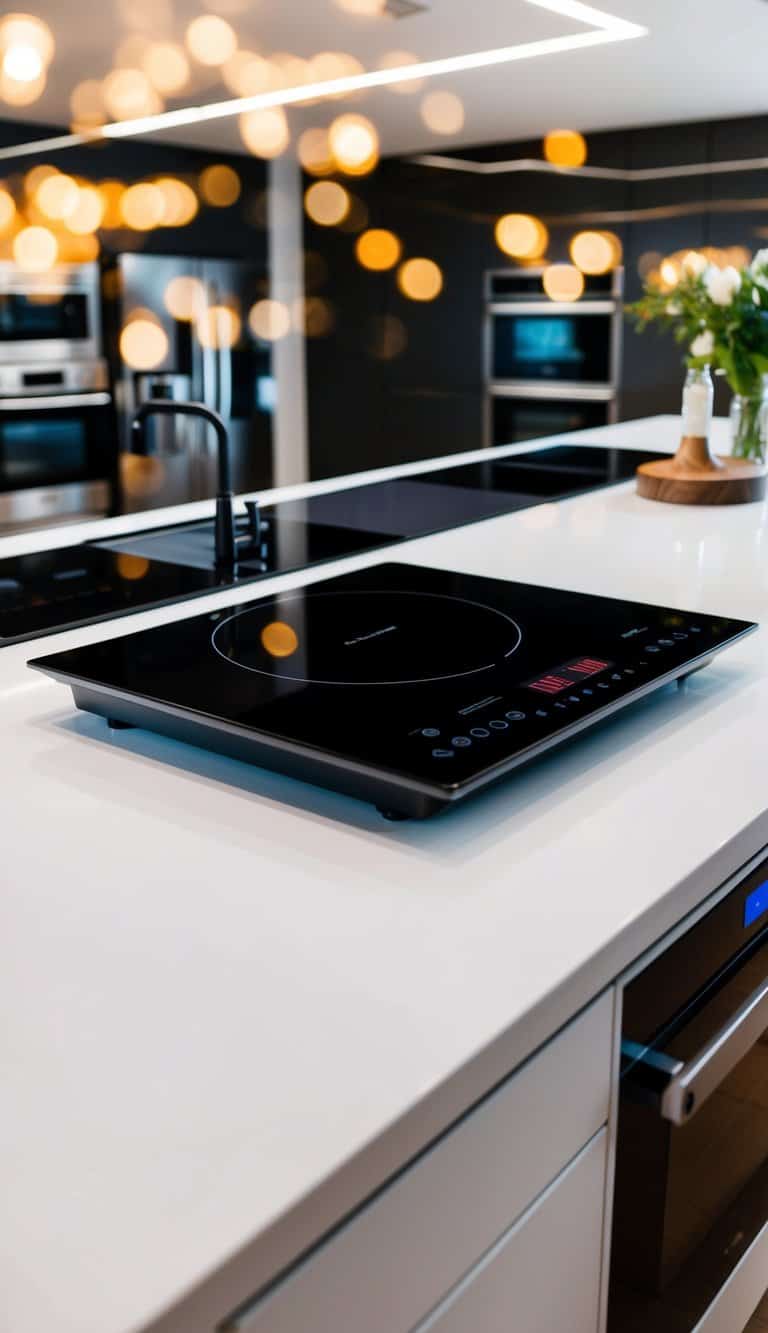 A sleek, modern induction cooktop with 12 cutting-edge features, set against a backdrop of luxurious, high-end kitchen appliances and fixtures