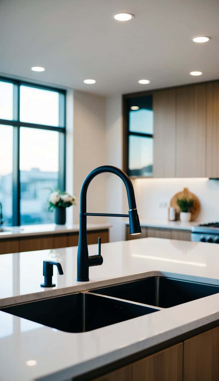 A sleek, modern kitchen with a spacious sink area featuring a touchless faucet, integrated with advanced technology and 12 must-have luxury features