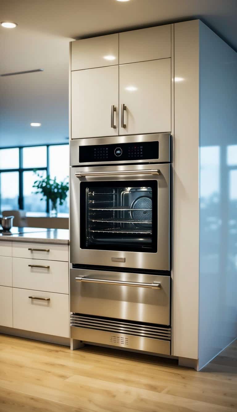 A sleek, stainless steel high-speed convection oven with 12 advanced features sits in the center of a spacious, modern luxury kitchen