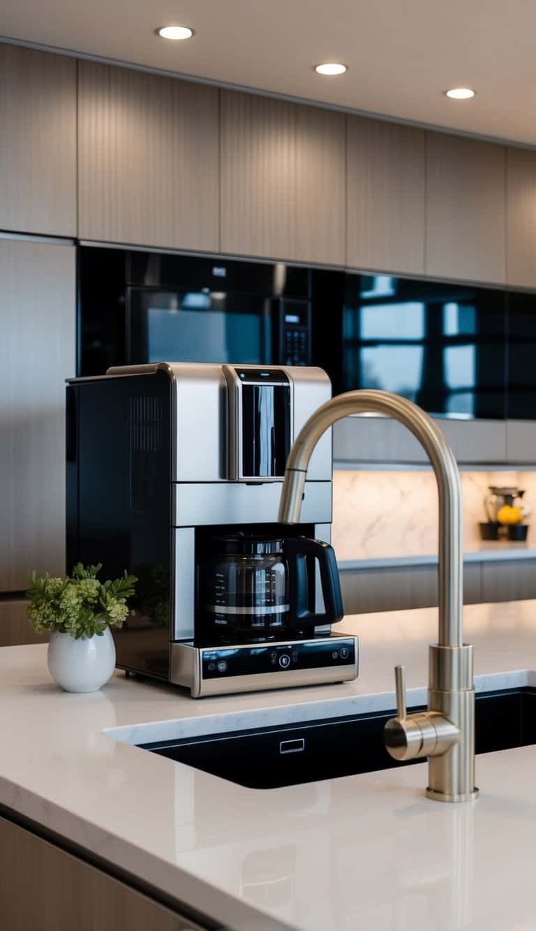 A sleek, high-end kitchen with a built-in coffee maker, surrounded by modern appliances and luxurious finishes