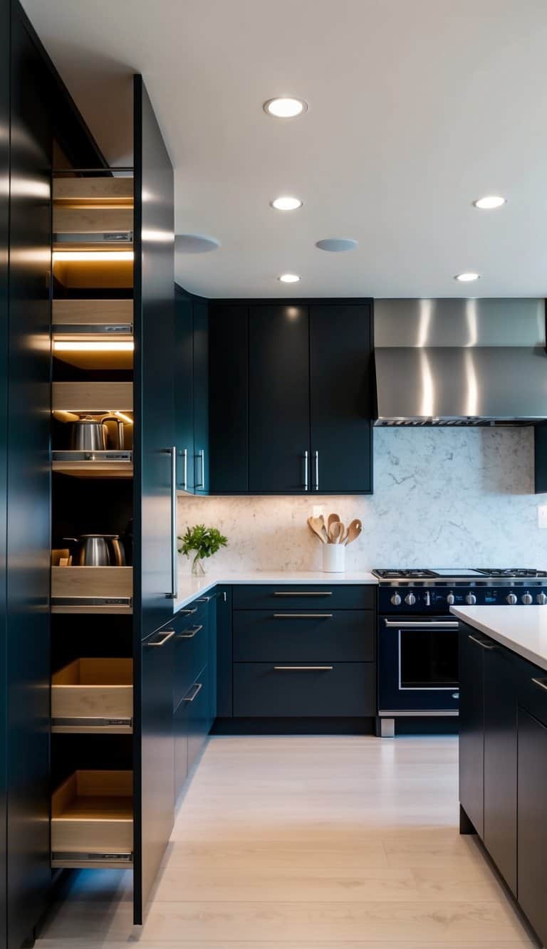 A sleek, spacious kitchen with custom cabinetry showcasing features like pull-out shelving, soft-close drawers, integrated lighting, and hidden storage for a luxurious modern feel