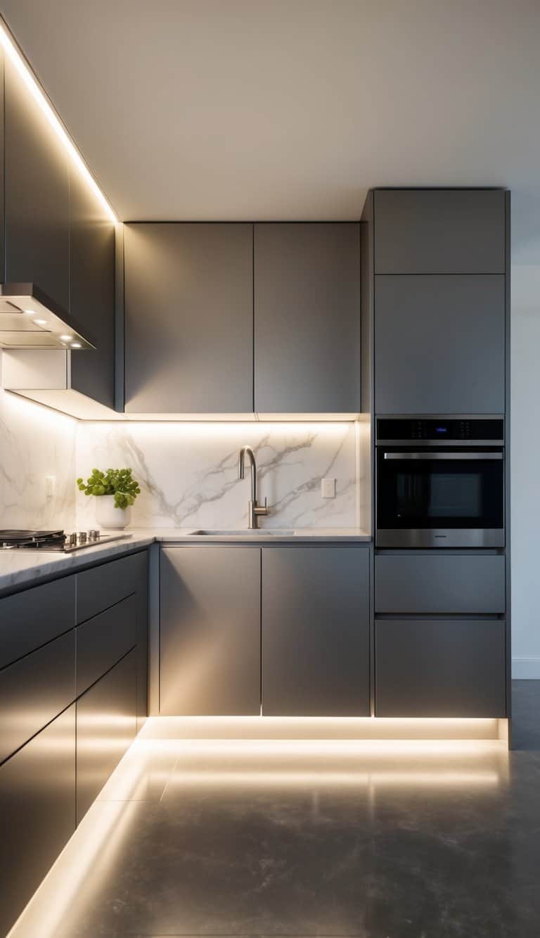 A sleek, modern kitchen with under-cabinet lighting illuminating a marble countertop, stainless steel appliances, and minimalist design