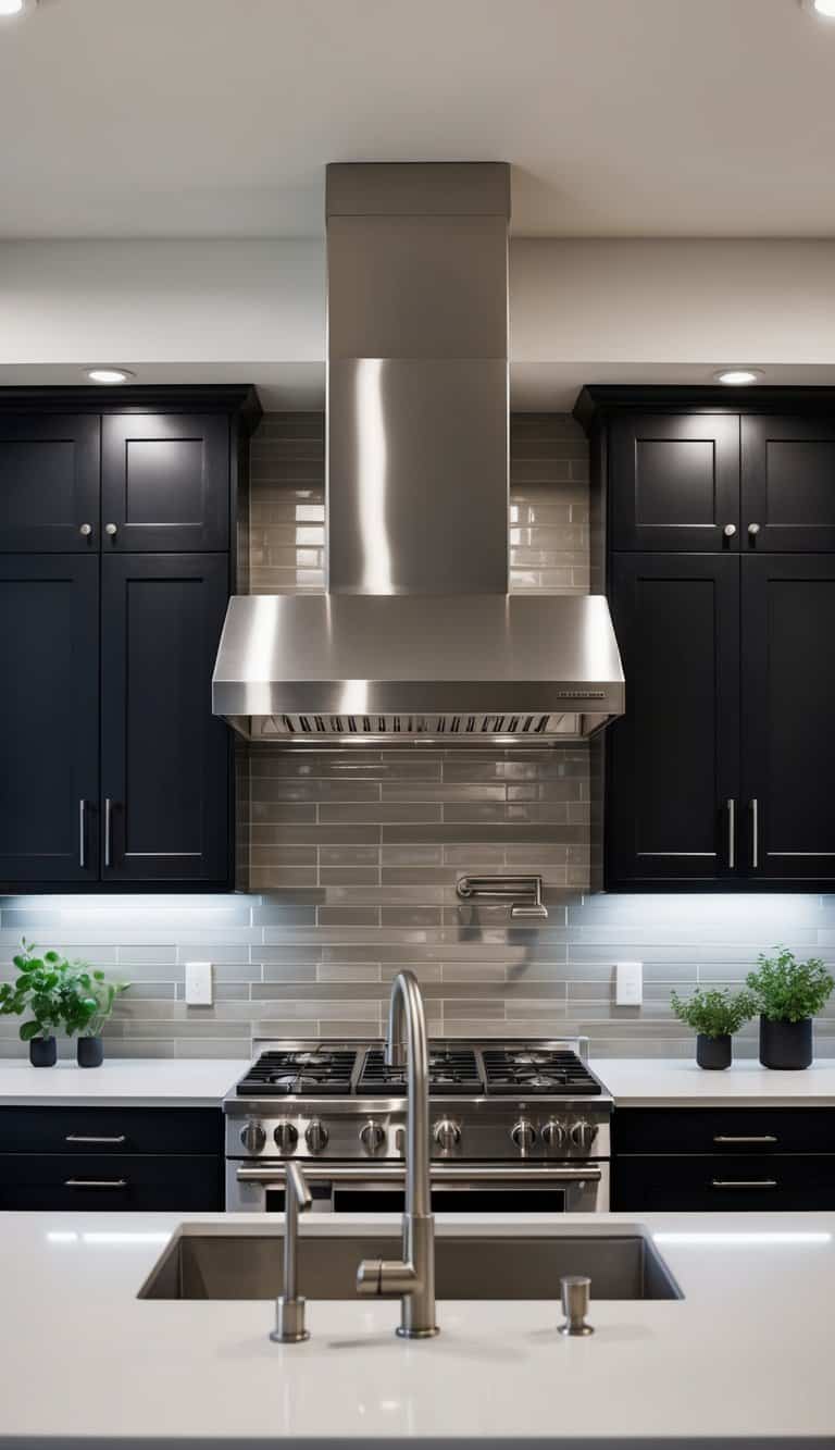 A sleek, stainless steel industrial range hood hovers above a state-of-the-art kitchen, with 12 features seamlessly integrated for modern luxury