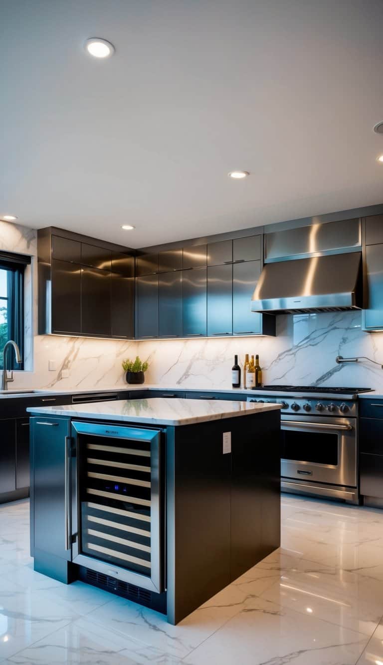 A sleek, spacious kitchen with a built-in wine cooler, stainless steel appliances, marble countertops, and ambient lighting