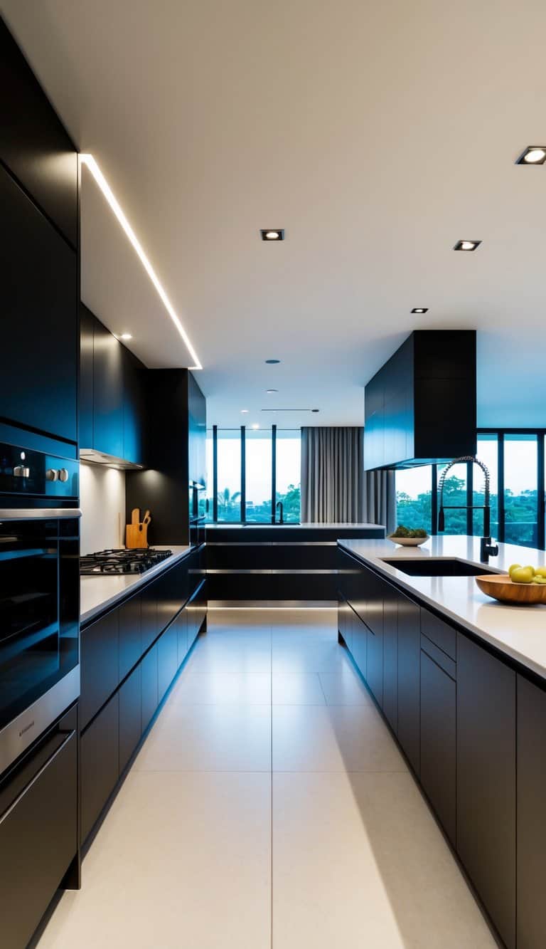 A spacious, well-lit kitchen with sleek, modern design. Clean lines, minimal clutter, and efficient use of space