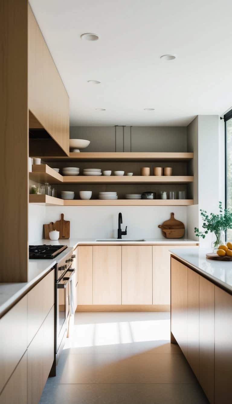 A modern, minimalist kitchen with open shelving, clean lines, and abundant natural light