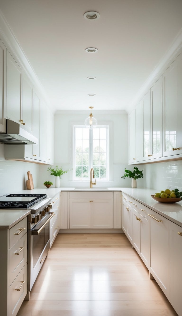 A spacious kitchen with bright white cabinets, sleek countertops, and minimal decor. Large windows allow natural light to flood the room, creating an elegant and airy atmosphere