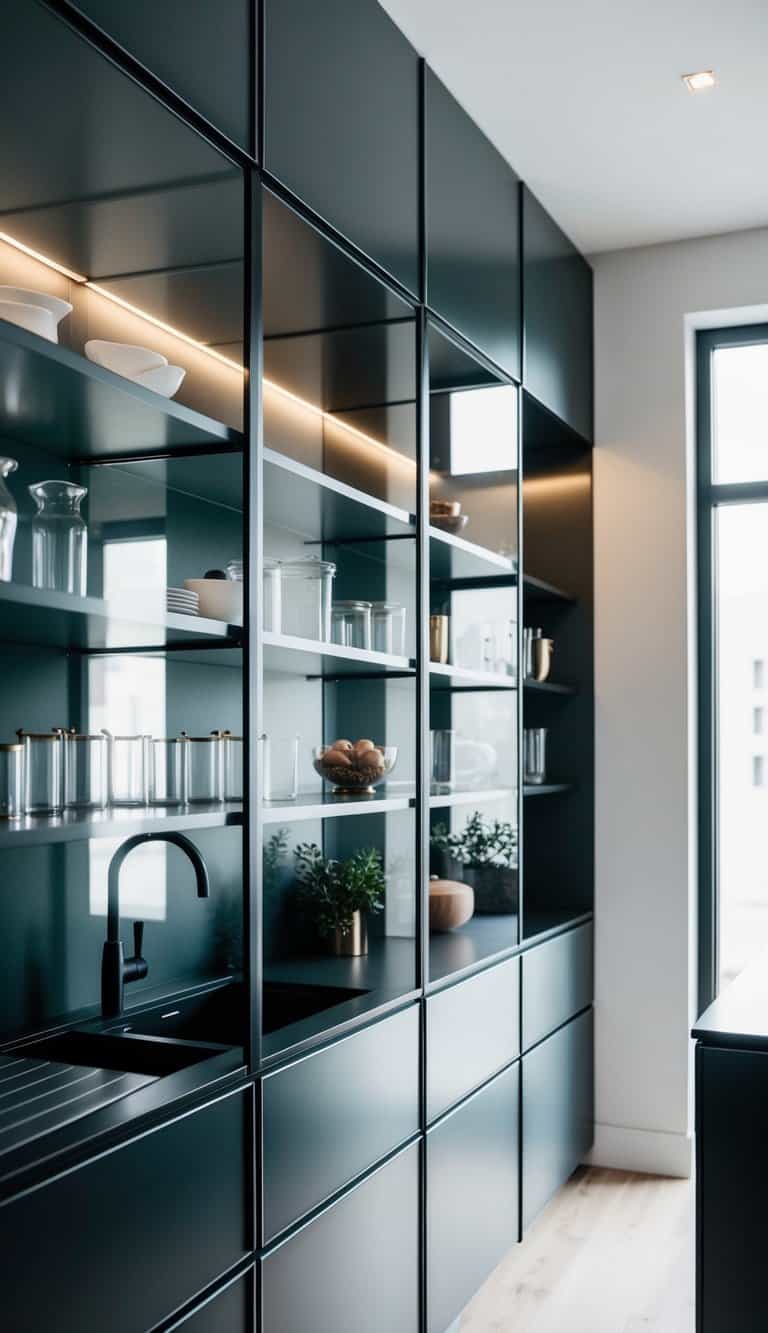 A sleek, modern kitchen with glass cabinet doors displaying elegant essentials. Clean lines and minimal design maximize space and light