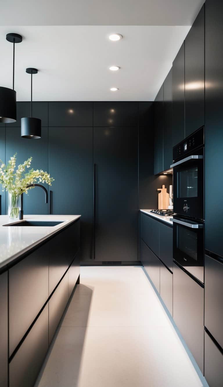 A sleek, modern kitchen with slimline appliances, minimalist design, and abundant natural light
