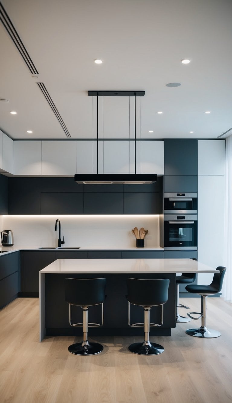 A sleek, modern kitchen with multipurpose furniture, maximizing space and light through elegant minimal design