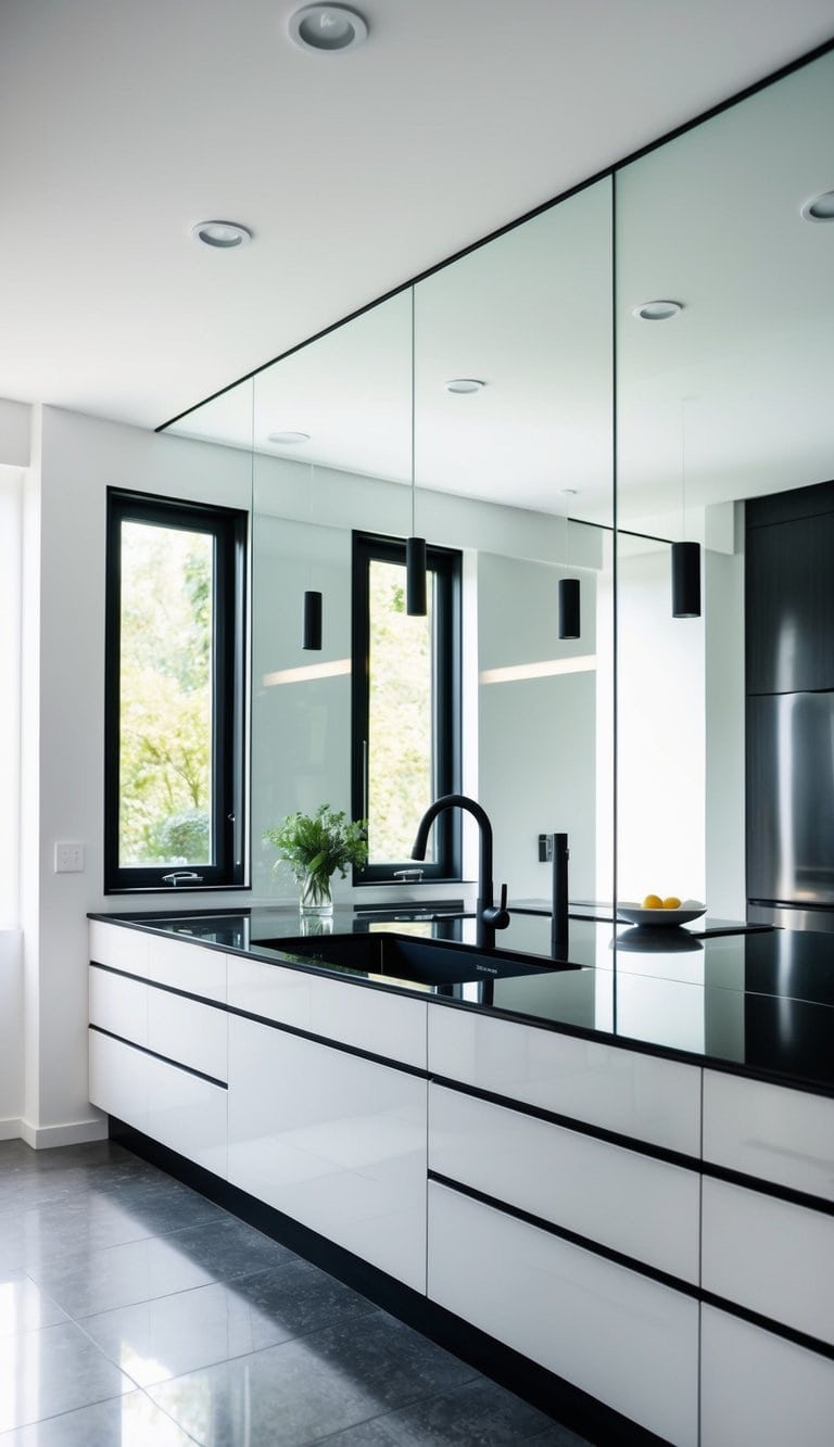 A sleek, modern kitchen with a mirror backsplash reflecting light and creating the illusion of a larger space. Clean lines and minimal decor enhance the elegant design
