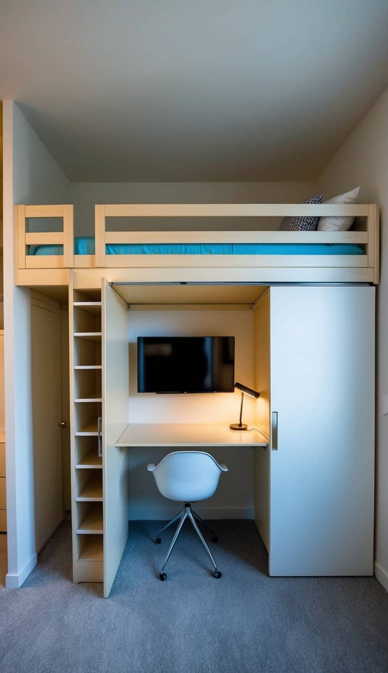 A 3x4 bedroom with a loft bed, built-in storage, fold-down desk, sliding doors, and a wall-mounted TV. Bright colors and minimal furniture create a spacious and functional layout
