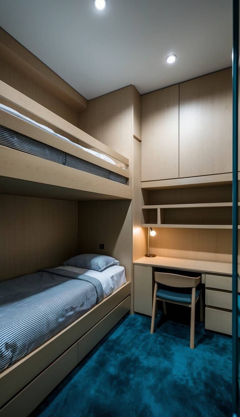 A 3x4 bedroom with bunk beds maximizing vertical space, with built-in storage and compact furniture, creating a functional and space-saving design